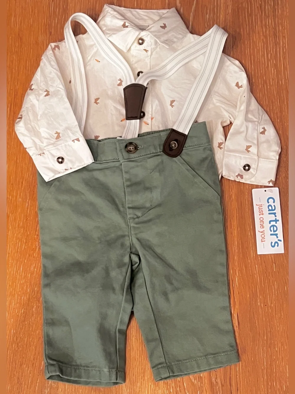 Carter's Olive Green Pants with White Suspenders and Cream Shirt